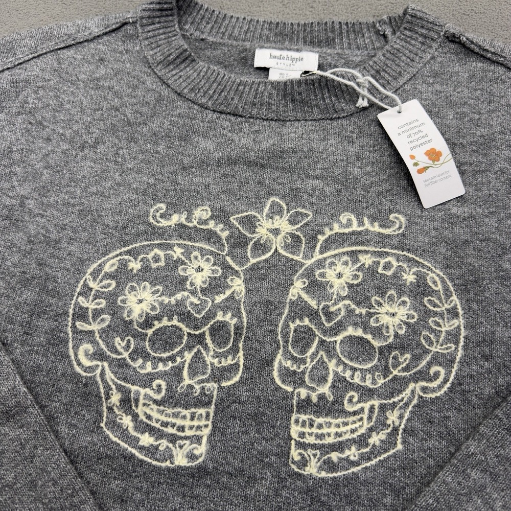 Haute Hippie Halloween Sugar Skulls Sweater Size S Gray Cropped Rolled Hem NWT